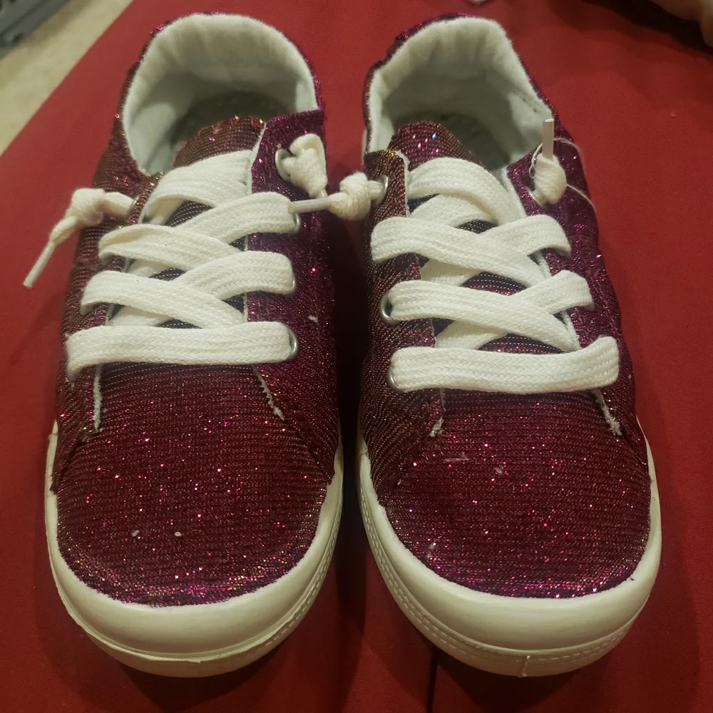 Burgundy Girls Sparkly Canvas Shoes